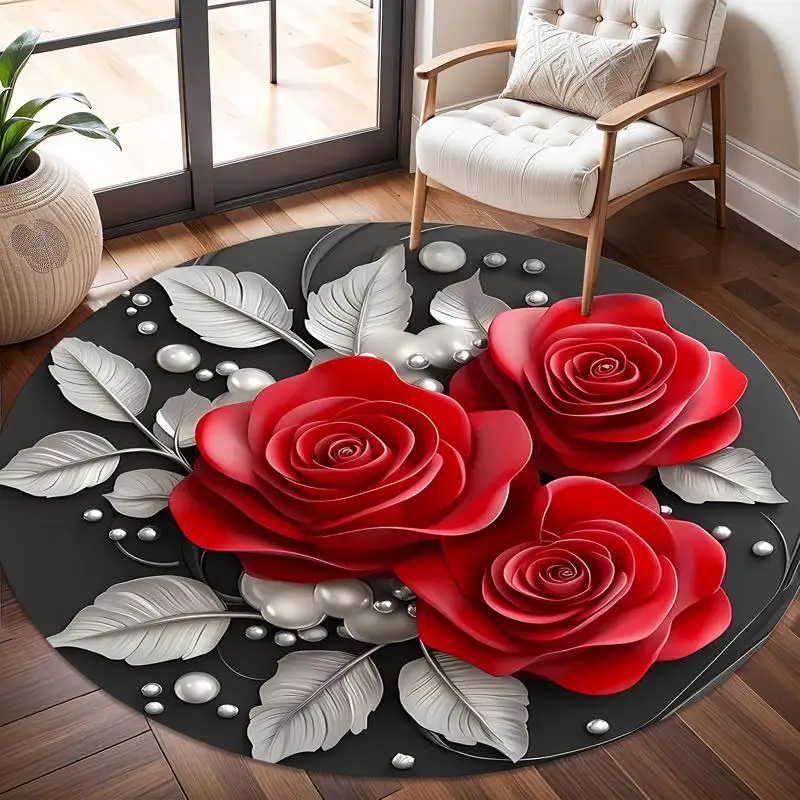 1PC SpringSummer Decorative Vintage Round Beads with Silvery Leaf and Red Rose Pattern Design Round Rug - Washable, Suitable for Living Room, Coffee Table, Bedroom, Entryway Mat, and Dining Room, Outdoor Terrace, Garden