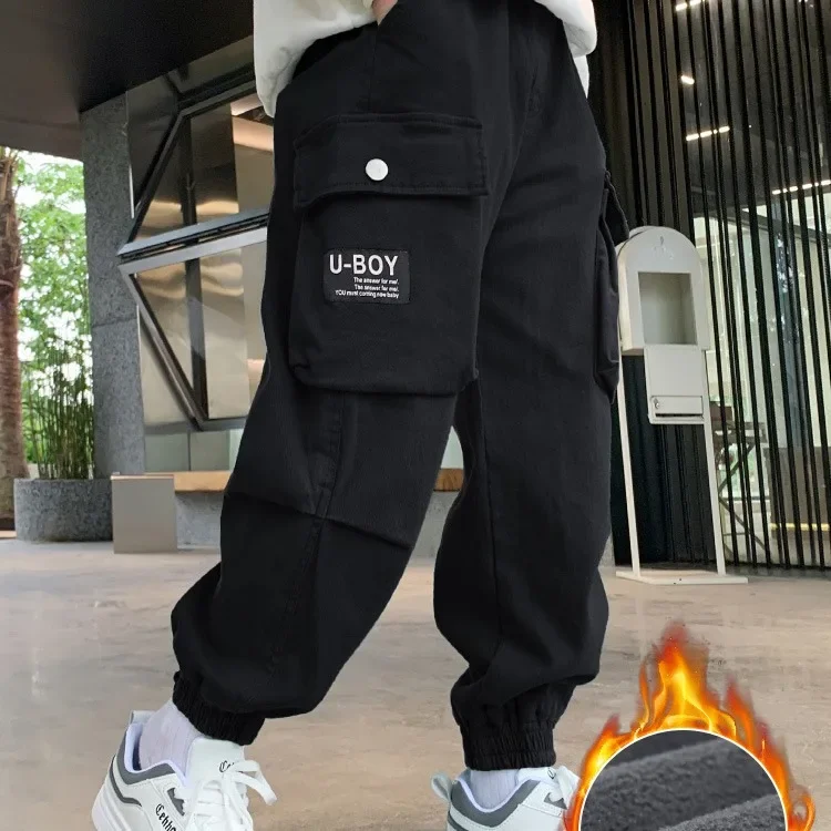 Boys Pants 2023 New Style Autumn/winter Pure Cotton Casual Trousers Mid To Large Children Spring/autumn Fleece-lined Cargo Pants