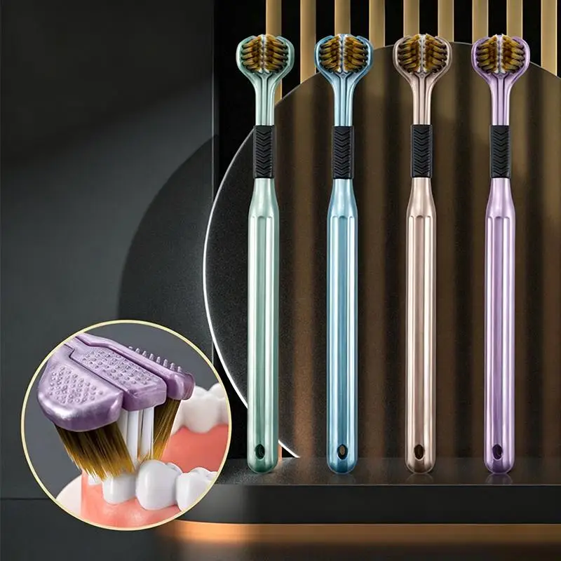 4pcs 3D Stereo Three-Sided Toothbrush Ultra Fine Soft Hair Adult Toothbrushes Tongue Scraper Oral Care 360° Cleaning Teeth Brush