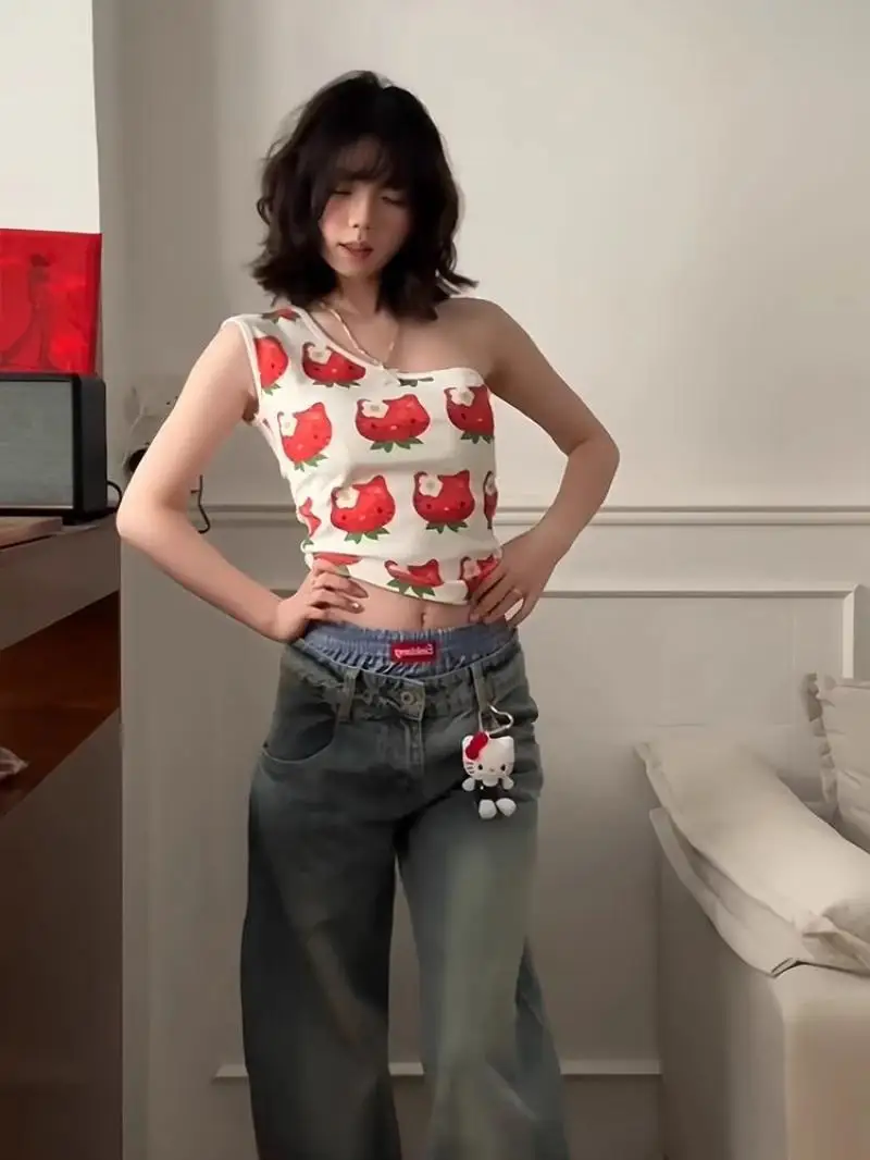 Sanrio Vest Kawaii Hello Kitty Women's Sling Vest Summer with Chest Pad Pure Desire Suspenders Pajamas Sweet Girl Women's Vest