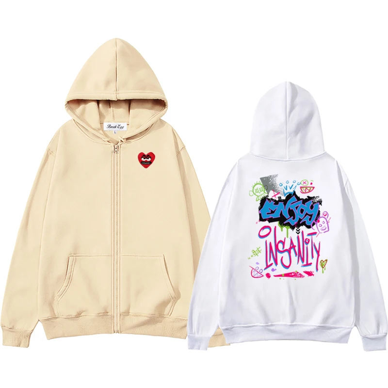 

Boom Monkey Cartoon Graphic Print Men Women Zipper Hoodie Cool Snag Heart Embroidery Polyester Pocket Loose Thin Autumn Sweater