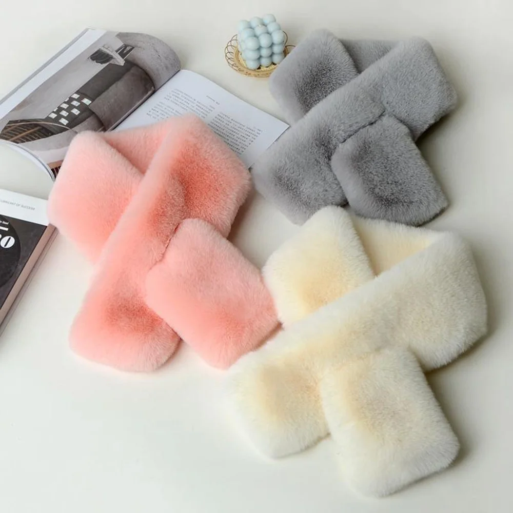 Winter Hairy Snood Scarves Women Faux Rabbit Fur Cross Scarves Solid Color Fluffy Shawls Plush Warmer False Collar Neckerchief