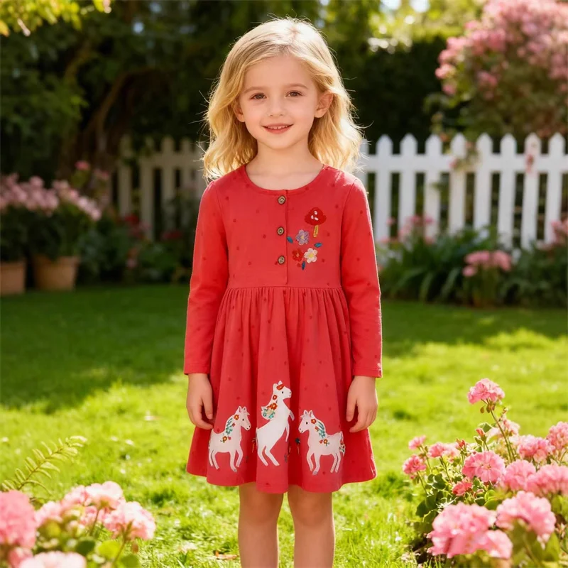 

Jumping Meters Girls' Long Sleeve Dress Autumn Spring Kids' Clothing Animal Embroidery Children's Dress 2-7T