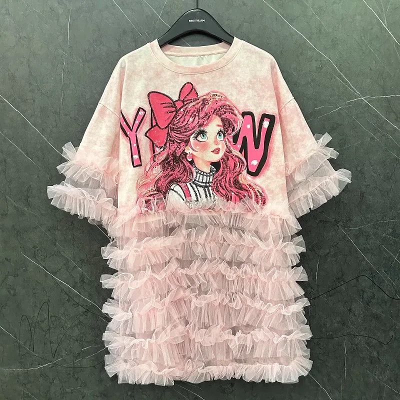 2025 Summer New Sequin Printing Cartoon Girl Mesh Splicing T-shirt Dress  Women's Loose Medium And Long Dresses Fashion Top Tees - AliExpress  200000345