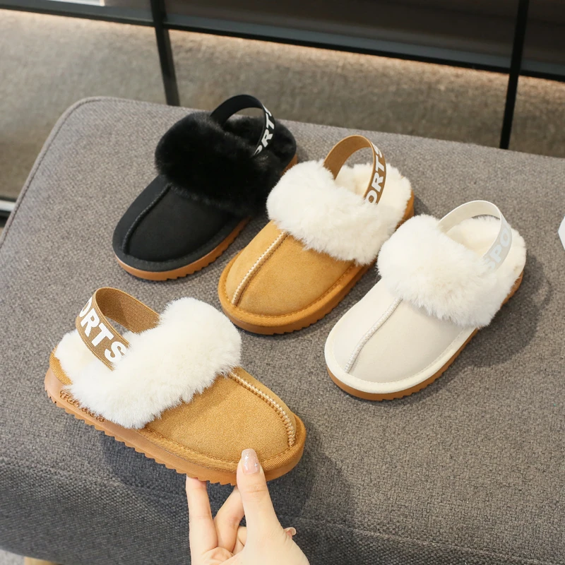 Children Toes Wrapped Plush Slippers Classic Slippers Winter Anti Slip Thick Soled Girls Fur Britain Kids Cotton-padded Shoes