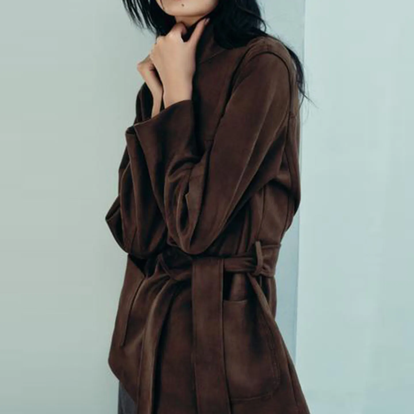 Elegancki płaszcz damski z paskiem, nowość na jesień, stylizacja osobista, ZDATA, do pracy, luźny krój, długi rękaw