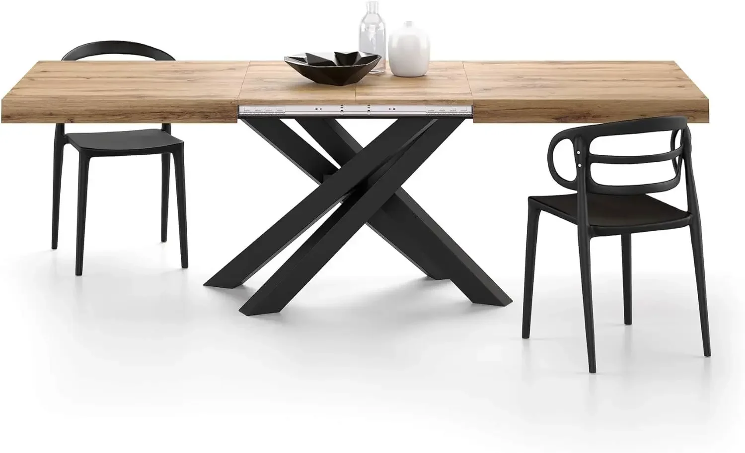 

Emma 63(94,5) x35,4 in Extendable Dining Table, Rustic Oak with Black Crossed Legs, for 6-10 People, Expandable Dining Table