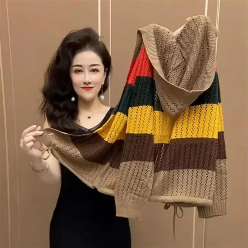 Women Korean Rainbow Stripe Hooded Knitted Coat 2023 Autumn Female New Western Style Reduced Age Cardigan Hollow Striped Sweater