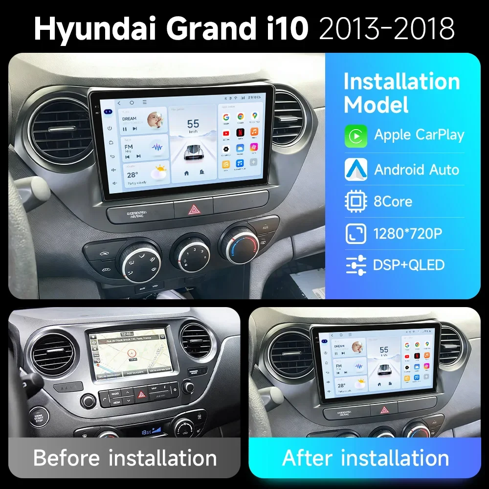 For Hyundai I10 2013 - 2018 Car Radio Video Audio Multimedi Player Android 15 Wireless CarPlay Split Screen DSP Stereo WIFI BT