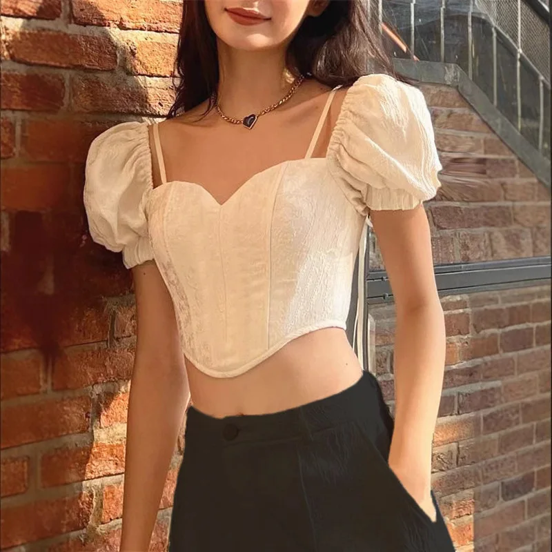 

New Sexy Sweet French Korean Bubble Short Sleeves Elegtant V Neck Asymmetric Slim High Street Casual Crop Chic Tops Summer Women