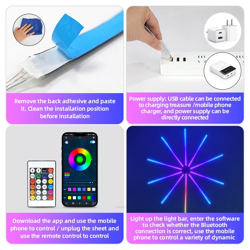 Tira de luces LED de fuegos artificiales, lámpara inteligente RGB que cambia de Color, USB, decoración de pared, Fiesta de cumpleaños, sueño