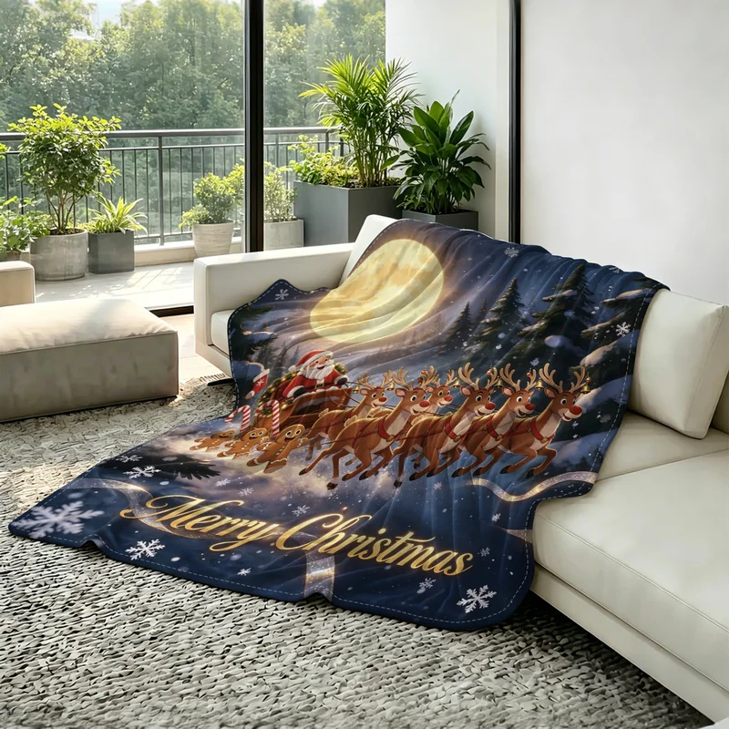 1Pcs Cartoon Xmas Throw Blanket,Polyester,Multi‑Sizes,Washable & Durable,Warm Santa Winter Fairy‑tale Pattern Print