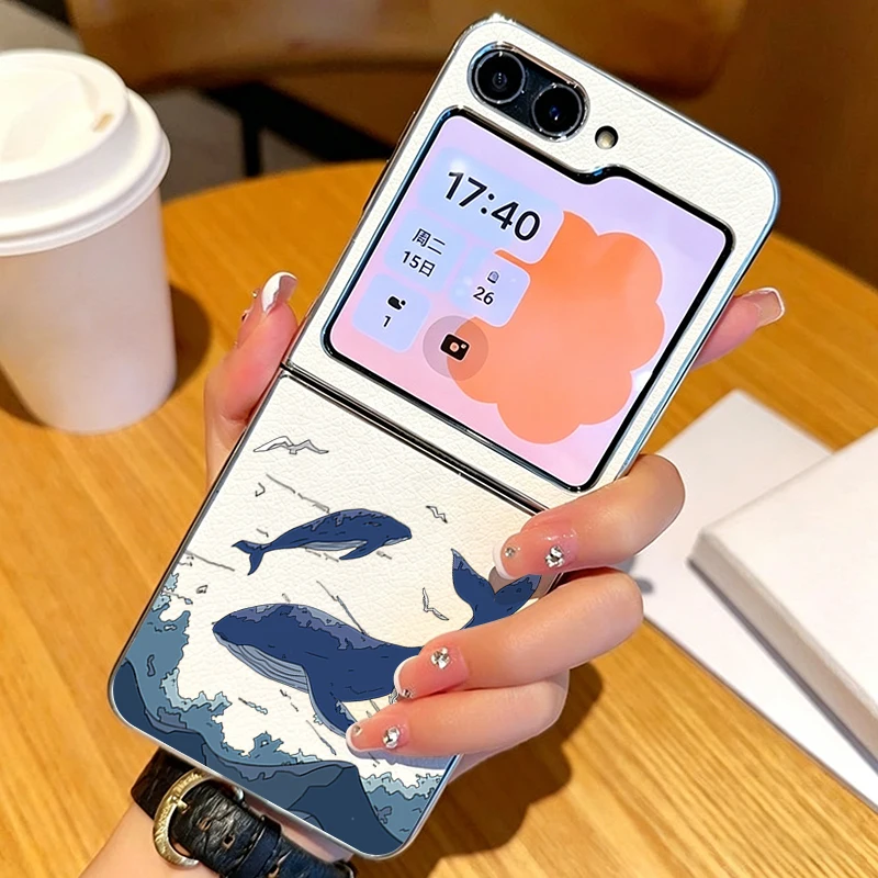 Sea Whale Shark Case For Samsung Z Flip 5 6 7 FE Hybrid Leather Skin Plating Folding Phone Cover For Samsung Z Flip7 Flip6 Flip5