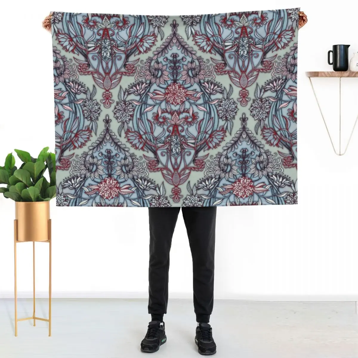 

Botanical Moroccan Doodle Pattern in Navy Blue, Red & Grey Throw Blanket Soft Warm Blanket Gift for Grandparents