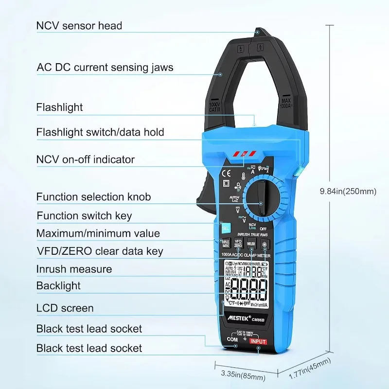 MESTEK 1000A AC/DC Current Amp Meter, Multimeter Voltage Tester, Measures Temperature Capacitance Resistance Diodes Continuity