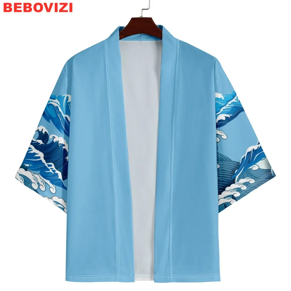 

Sleeve Wave Print Blue Cardigan Haori Fashion Women Beach Yukata Japanese Kimono Streetwear Men Asian Clothing Traditional