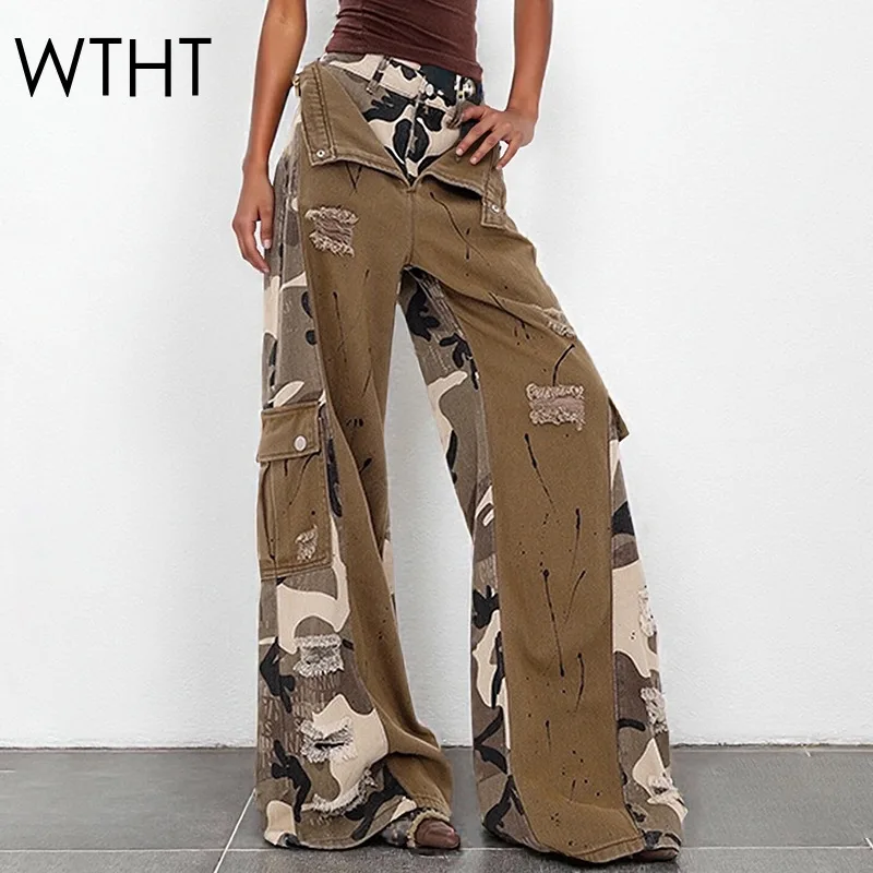 

WTHT модные новые женские лоскутные камуфляжные джинсы-карго из двух частей, осень 2023, джинсовые брюки с высокой талией, женские 1LS2551