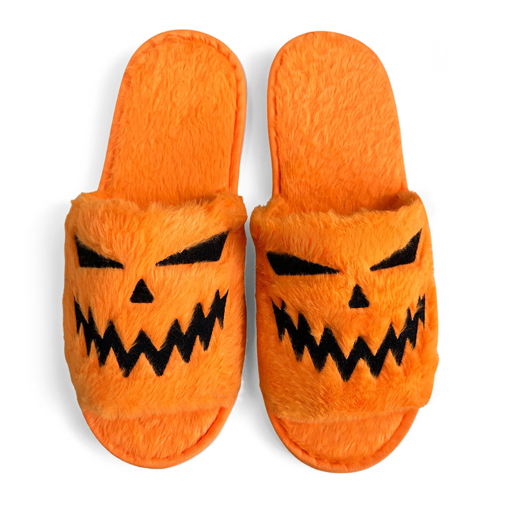 

Cute Cartoon Pumpkin Print Fuzzy Slippers, Slip On Soft Sole Flats, Open Toe Non-slip Shoes, Plush Cozy Indoor Halloween Shoes