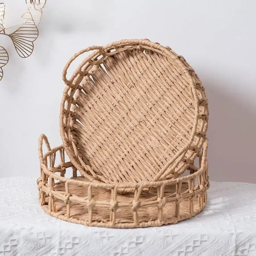 

Fruit Basket Hand-woven Retro Decoration Tray Wicker Round Tray Ornaments Restaurant Bakery Storage Desktop Storage Organizer