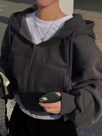 2024 Spring Autumn New Insfleece-lined Versatile Cropped Slims Smooths Silhouette Zip-up Warm Navy Blue Hooded Sweatshirt Women