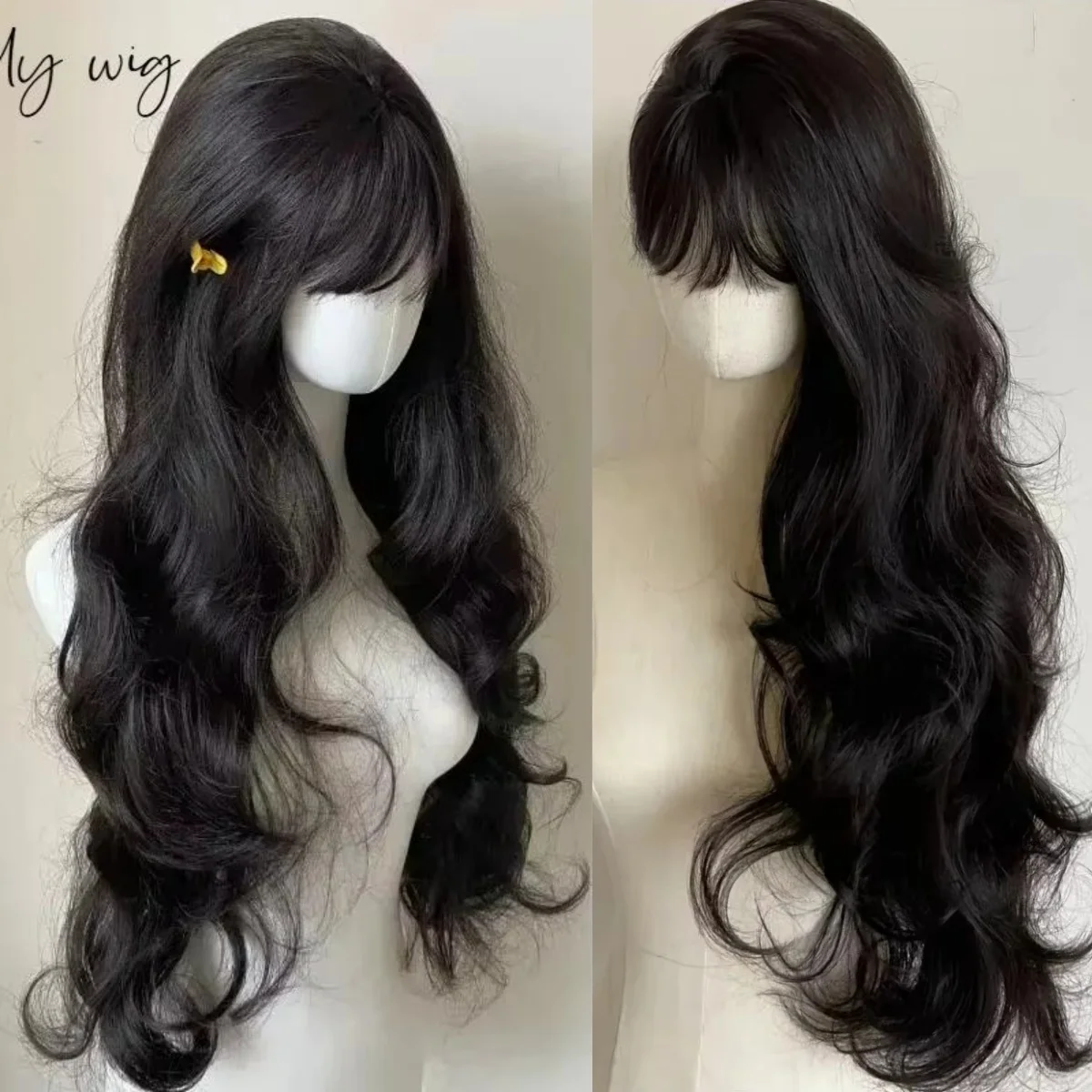 Lolita Black Wig for Women Long Wavy Hair 32inch Curly Wig with Bangs  Cosplay Headband Wigs Synthetic Wigs for Daily Use