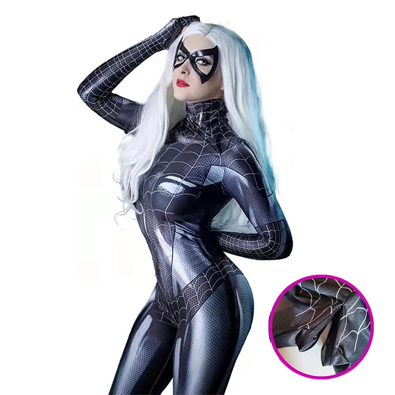 Movie Black Spider Character Costume Sexy Jumpsuit with Mask for Halloween Cosplay Party, with Open File Design