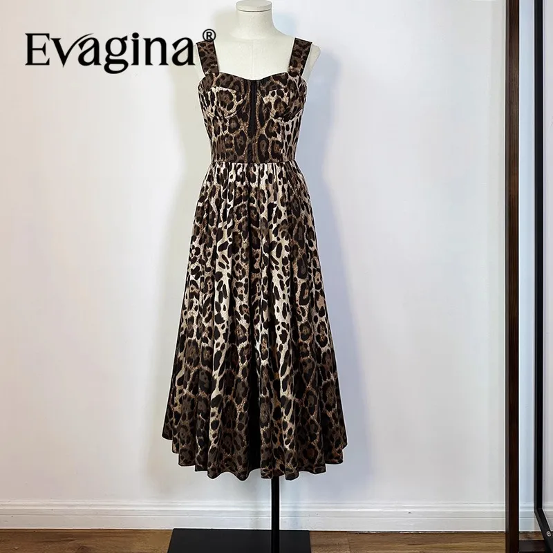 

Evagina Fashion Design New Women's Leopard Print Sling Sweetheart Neck Collar cinching Waist Sexy Big Swing Temperament Dress