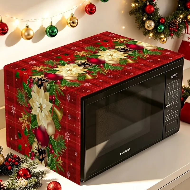 Christmas Microwave Oven Cover Plaid Poinsettia Bell Print Decorative Runner Dustproof Cloth Xmas Holiday Home Decor
