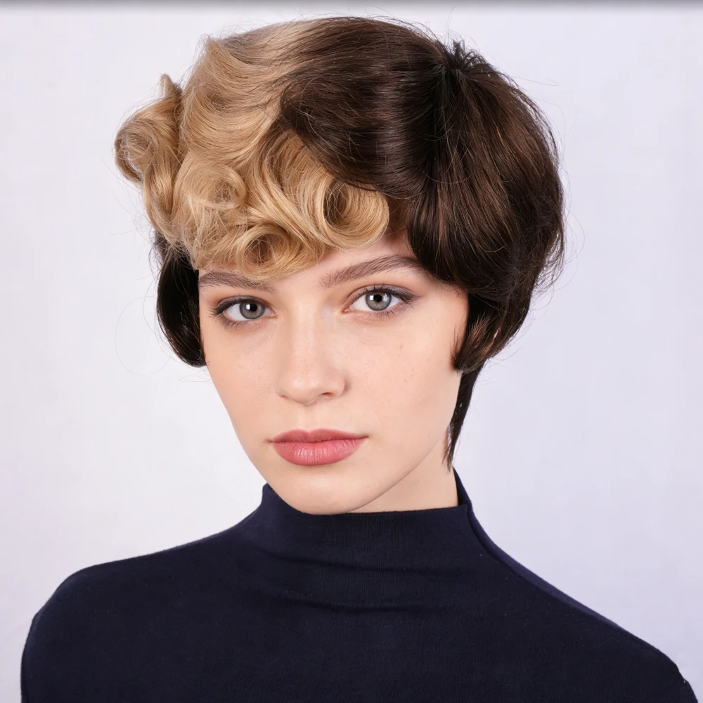 

Короткий кудрявый парик цвета светлого коричневого для темнокожих женщин, 6 дюймов, стрижка пикси с челкой, 100% натуральные волосы Реми, многослойный, полностью машинной работы