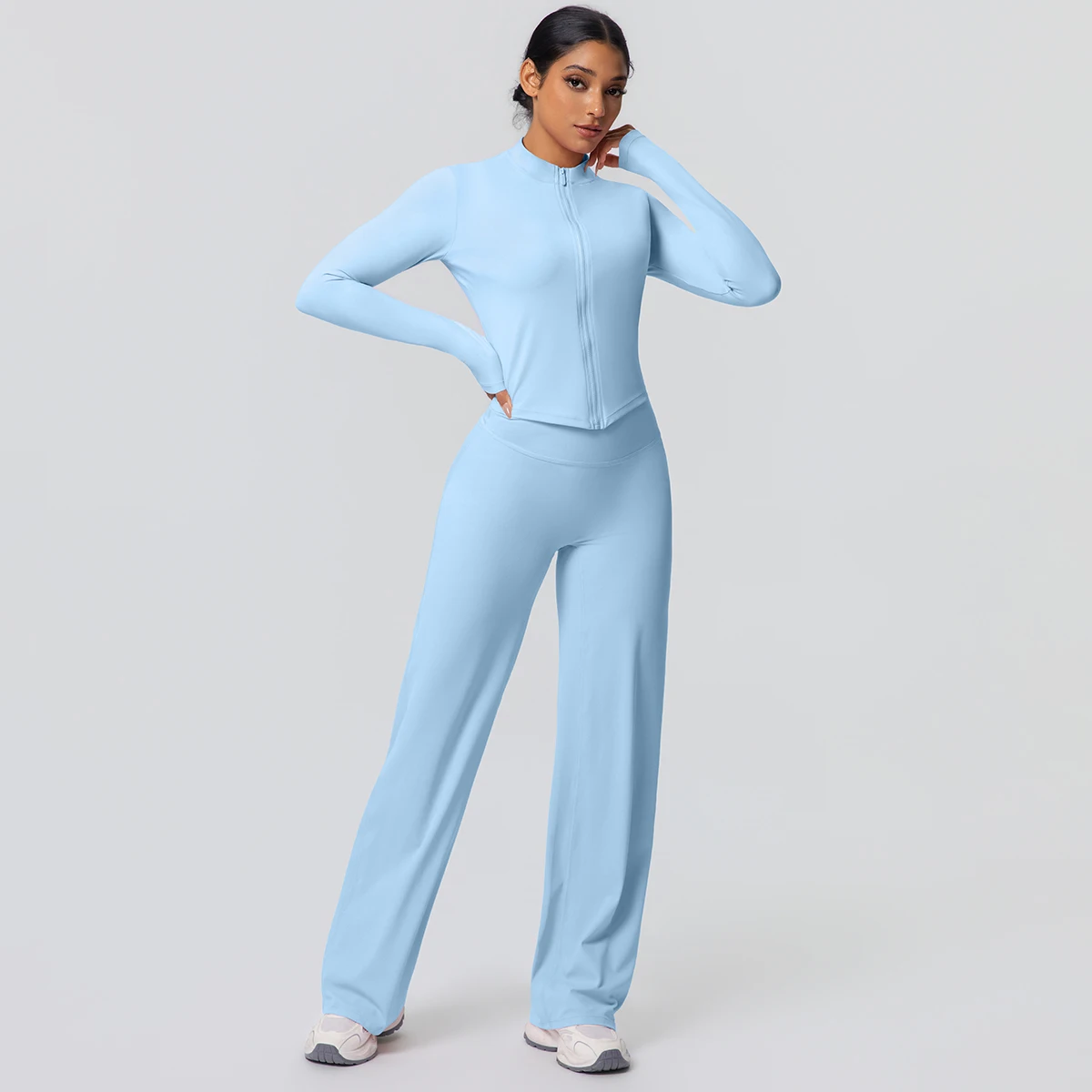 2 stück Schnell Trocknend Sport Fitness Kleidung Yoga Set Frauen Yoga Zipper Lange Ärmel Hohe Taille Atmungsaktive Breite Bein Hosen set – Detail 32