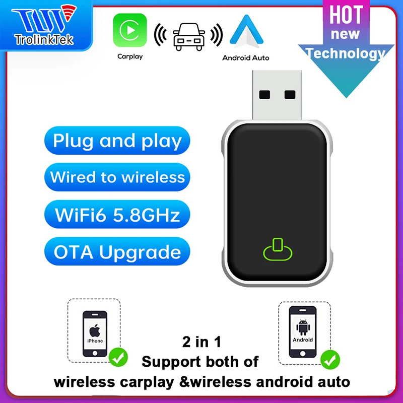 

TrolinkTek 2in1 Wireless Android Auto Adapter Wireless CarPlay Dongle Car Intelligent Systems AI Smart Box For Car Wired CarPlay