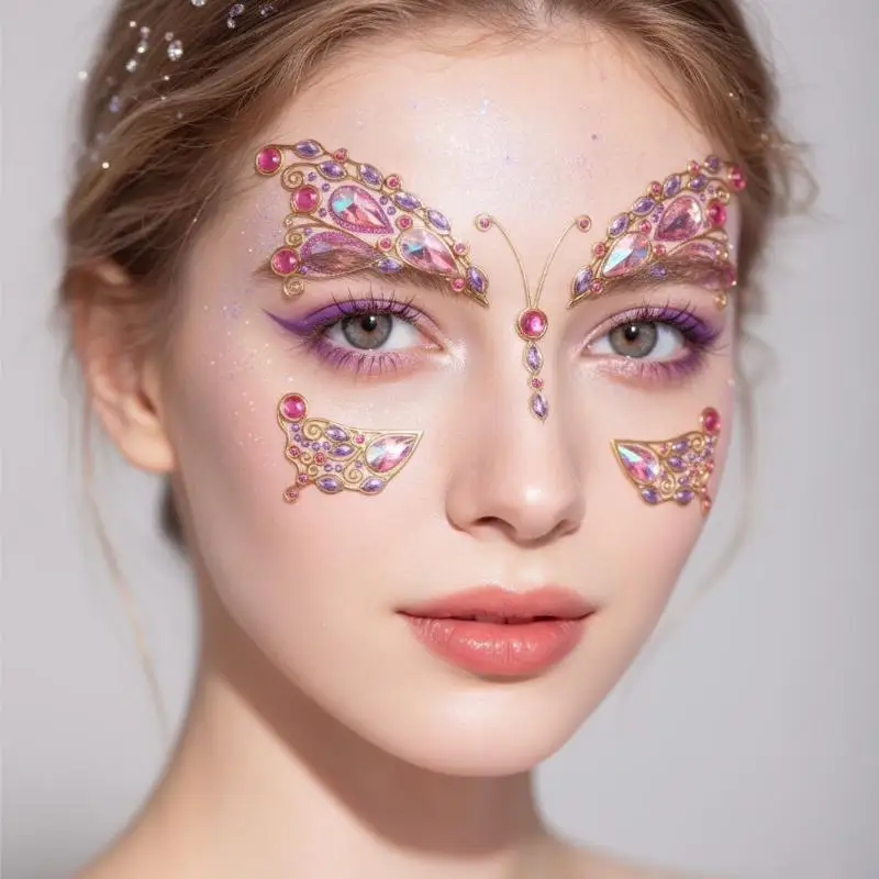 Butterfly Face Gem Stickers Shiny Rhinestone Self Adhesive Skin-Safe Removable for Festival Rave Party Cosplay Makeup