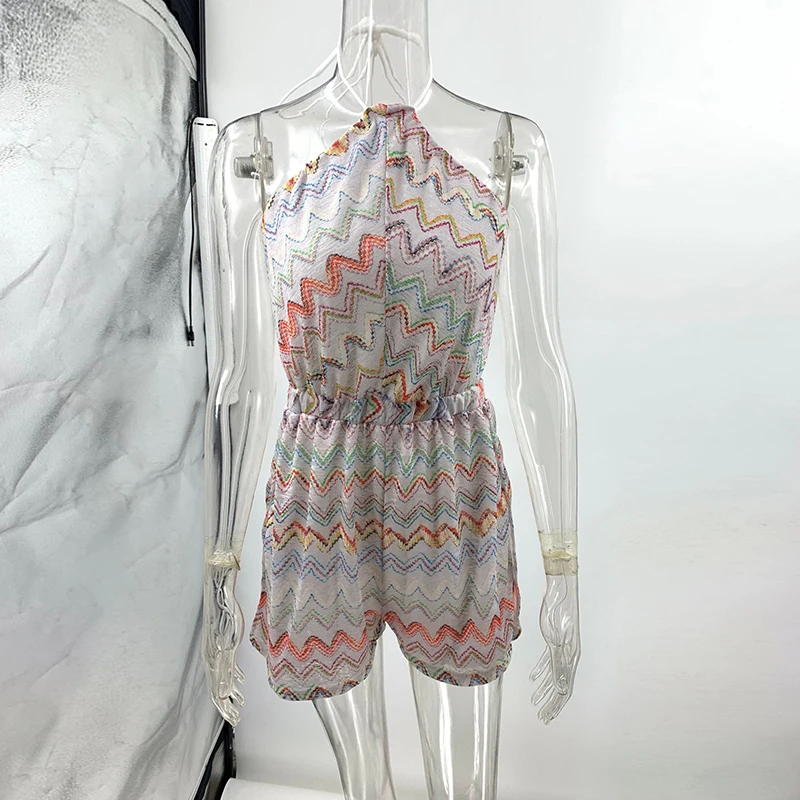 Богемный сексуальный пляжный праздничный короткий комбинезон, женский повседневный летний полосатый комбинезон с лямкой на шее и принтом, комбинезон с открытой спиной