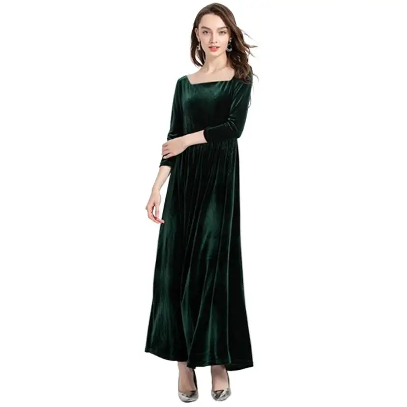 

korean Autunm Elegant Party Dress vestidos de fiesta Spring long sleeve vintage square collar velour dress Winter velvet dress