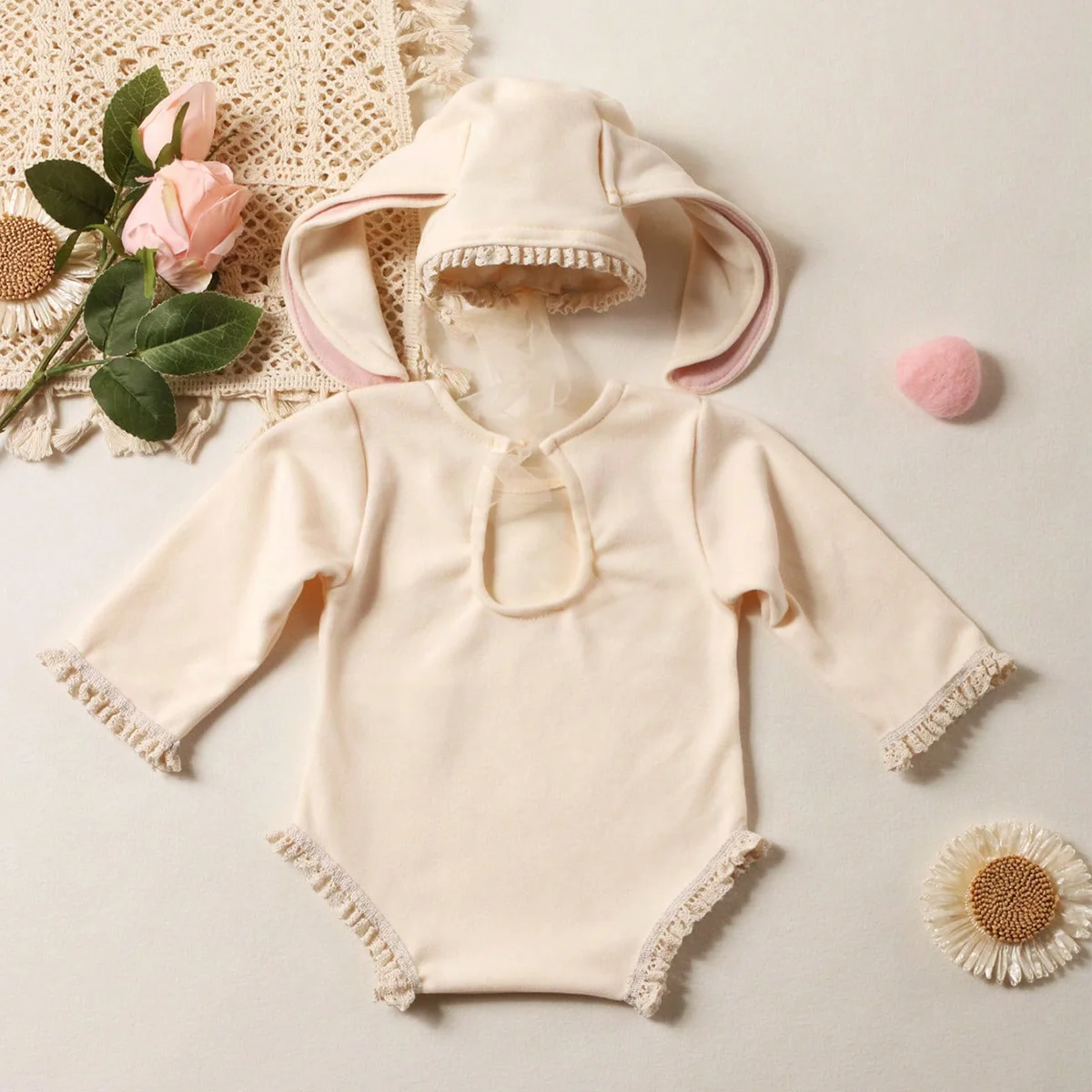 Ylsteed Newborn Outfits for Photo Shooting Long Sleeve Baby Bodysuit with Big Rabbit Ears Hat Infant Photography Clothes