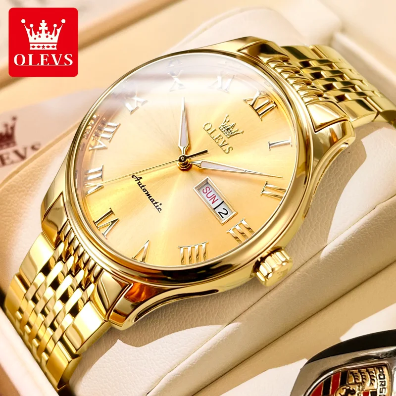 

OLEVS 9929 Автоматические мужские часы с двойным календарем и ремешком из нержавеющей стали, водонепроницаемые светящиеся мужские наручные часы