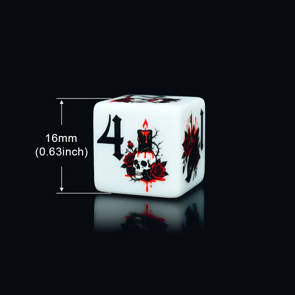 12Pcs Gothic Rose 16MM Printed D6 Acrylic Dice, White Six Sided Dice With Blood Rose, Raven, Skull Pattern, Tabletop Board Game view 4