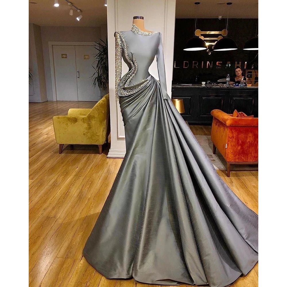 Glitter Beads Evening Dress Chic Long Sleeves Pearls Floor Length Party Gowns Fashion Pleat Formal Prom Dress for Women 2023