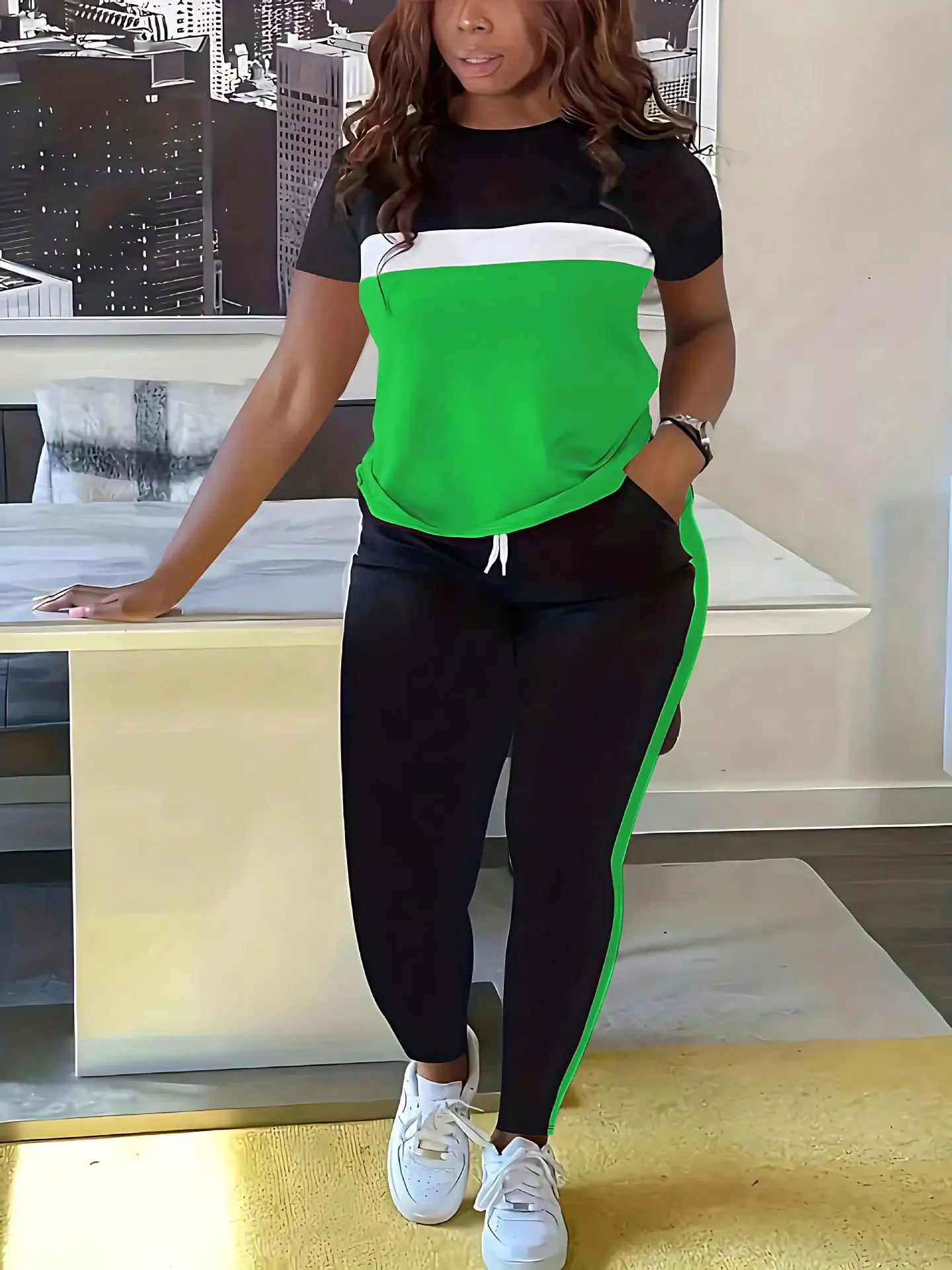 T-Shirt + Hose, Sport-Sets, Damen, lässig, kurzärmelig, gestreift, bedruckt, T-Shirts, Outfits, modisch, Jogger, elastische Hosen, zweiteilige Sets