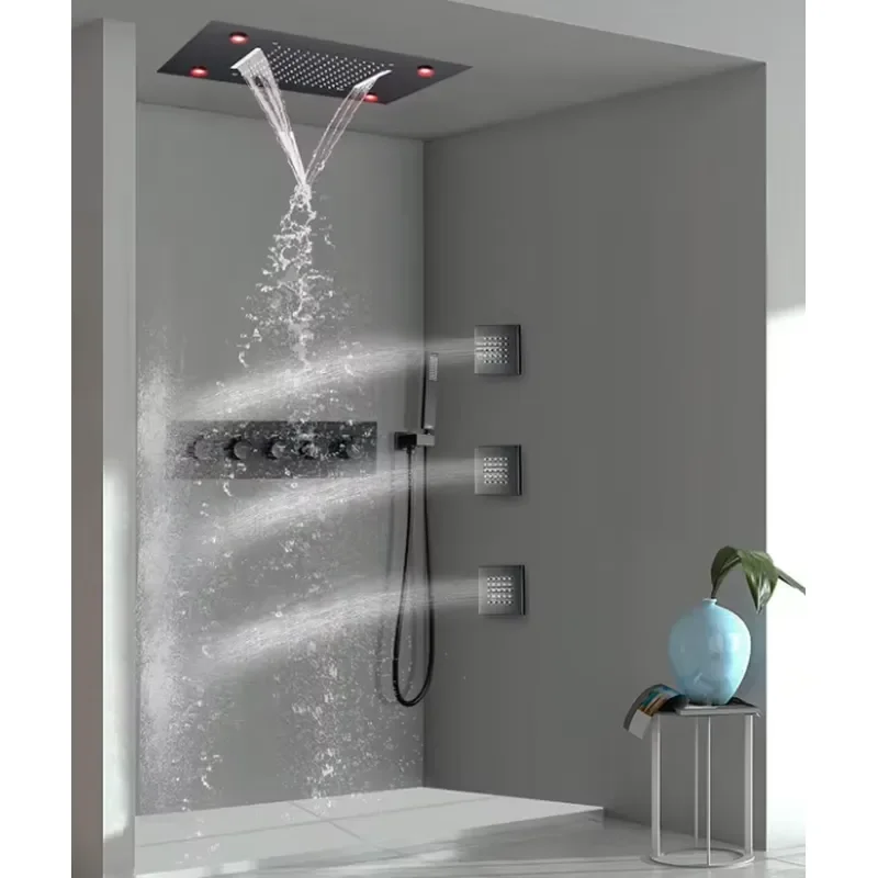 Oil Rubbed Bronze Thermostatic Rain Shower Faucet System 14 X 20 Inch LED Waterfall Rainfall Shower Head Bathroom Mixer Set