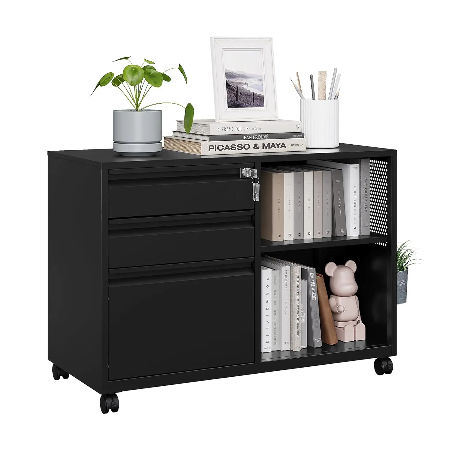

File Cabinet 3 Drawer, Mobile Filing Cabinets With Shelf, Home Office Rolling File Storage Cabinet With Lock, Metal, Customized
