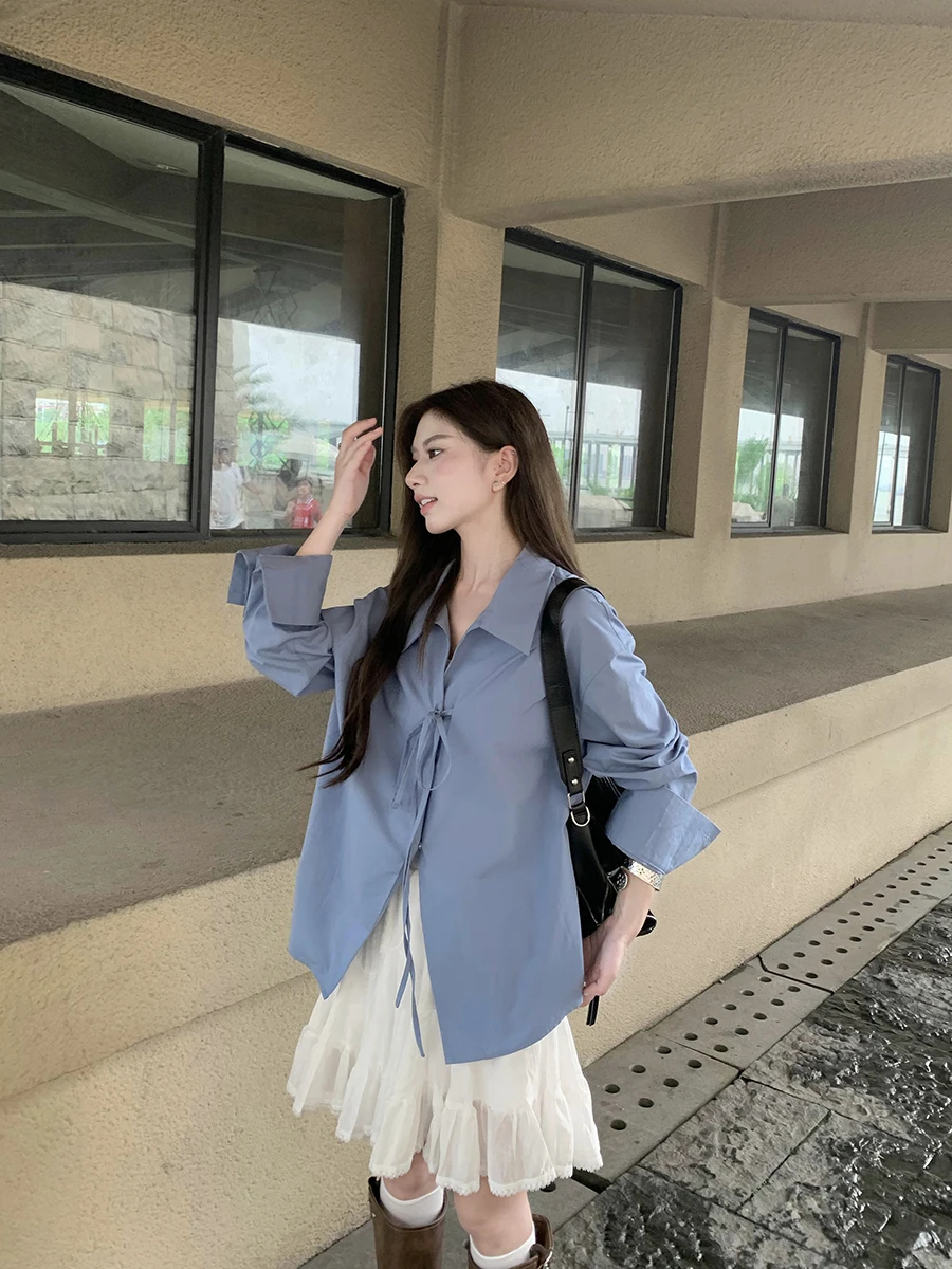 

Joeyoo Women's Long Sve irt Loose Fit Korean Sle Belted Slit Top Breathable Comfortable Commute Faion Autumn Ne...