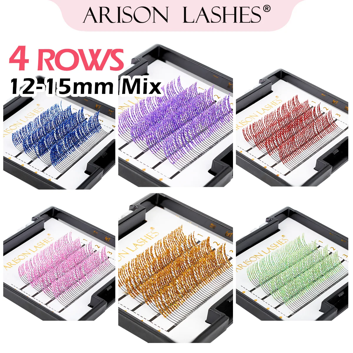 ARISON Bunte Glitzer-Wimpernverlängerung, 4-reihig, C-Locken, 0,15 mm, professionelles individuelles Make-up-Wimpernzubehör, glänzende falsche Wimpern