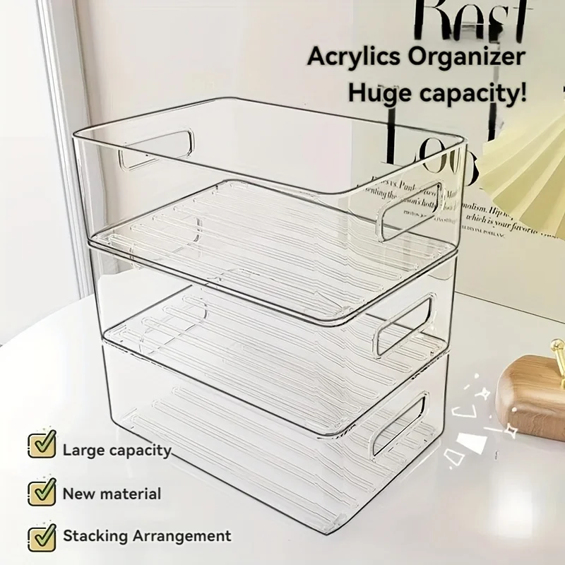 1pcStackable Clear Plastic Storage Bins, Multi-Purpose See-Through Home Office Organizer