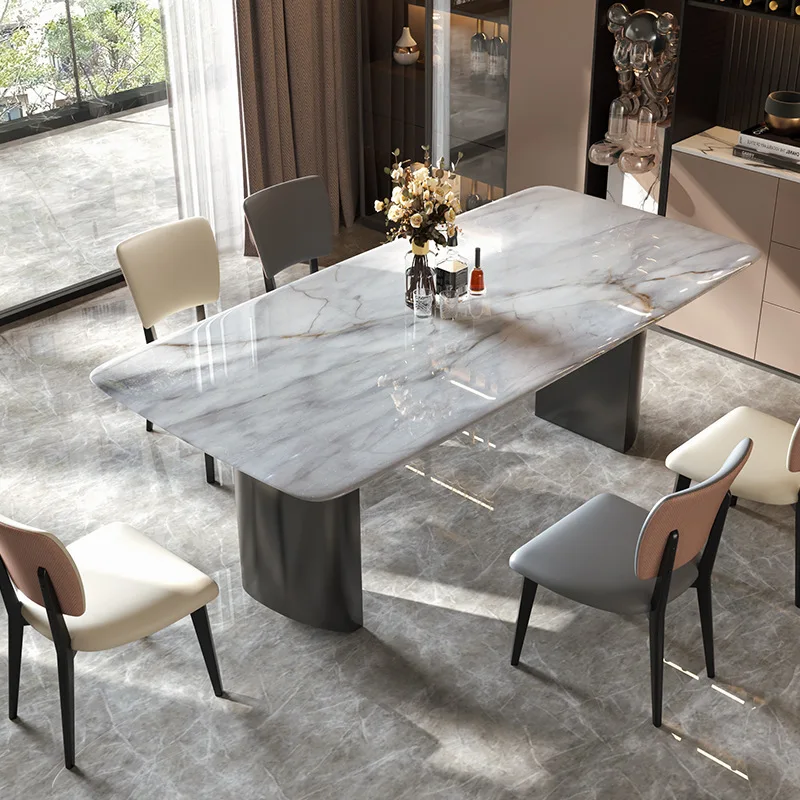 โต๊ะรับประทานอาหารและเก้าอี้หินอ่อนหรูหราจากธรรมชาติ ผสมผสานความหรูหราแบบเบาๆ สำหรับวิลล่าระดับไฮเอนด์ รูปทรงสี่เหลี่ยมผืนผ้า