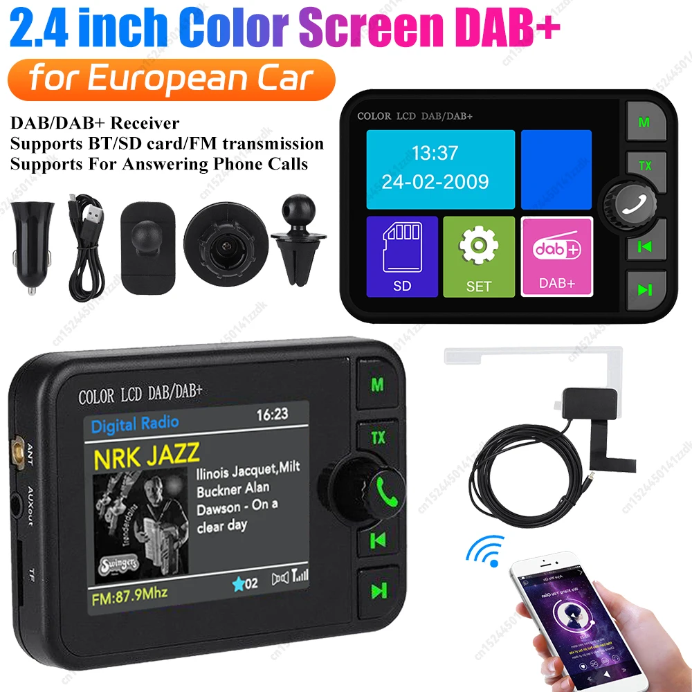 Stereo DAB/DAB+ MP3 FM Transmitter 2.4 Inch  LCD Color Screen Radio Receiver Bluetooth 5.0 Digital Broadcast Adapter for Car