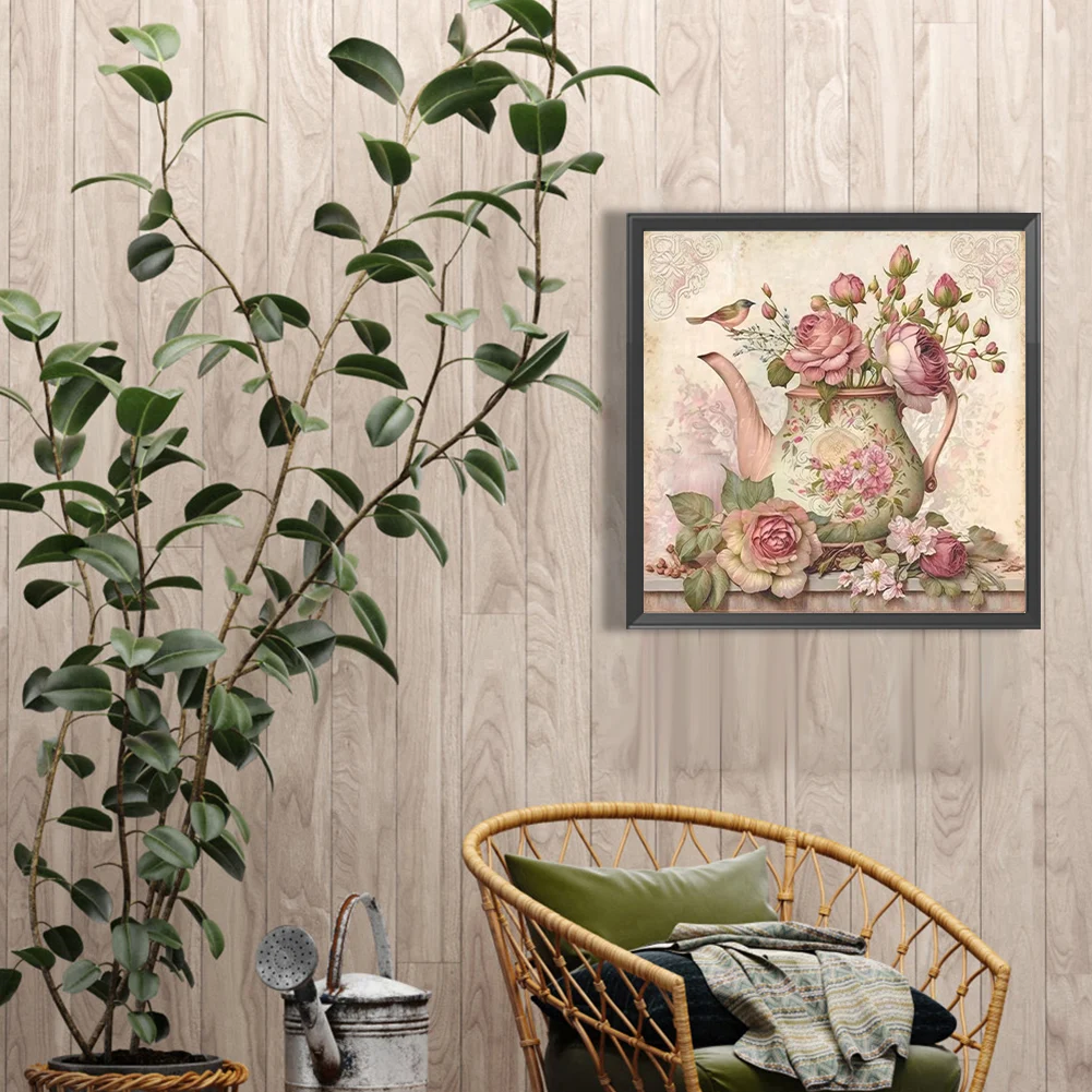 5D DIY كامل جولة الحفر الماس اللوحة الوردي زهرة إبريق الشاي عدة ديكور 40x40cm