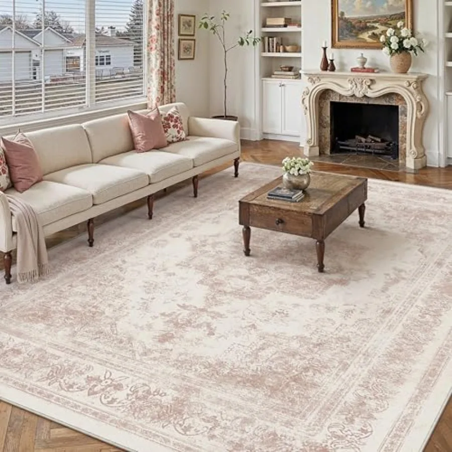 

Washable Rug 9x12 Area Rug for Living Room Pink Vintage Boho Medallion Large Distressed Retro Carpet Non Slip Indoor Low Pile S