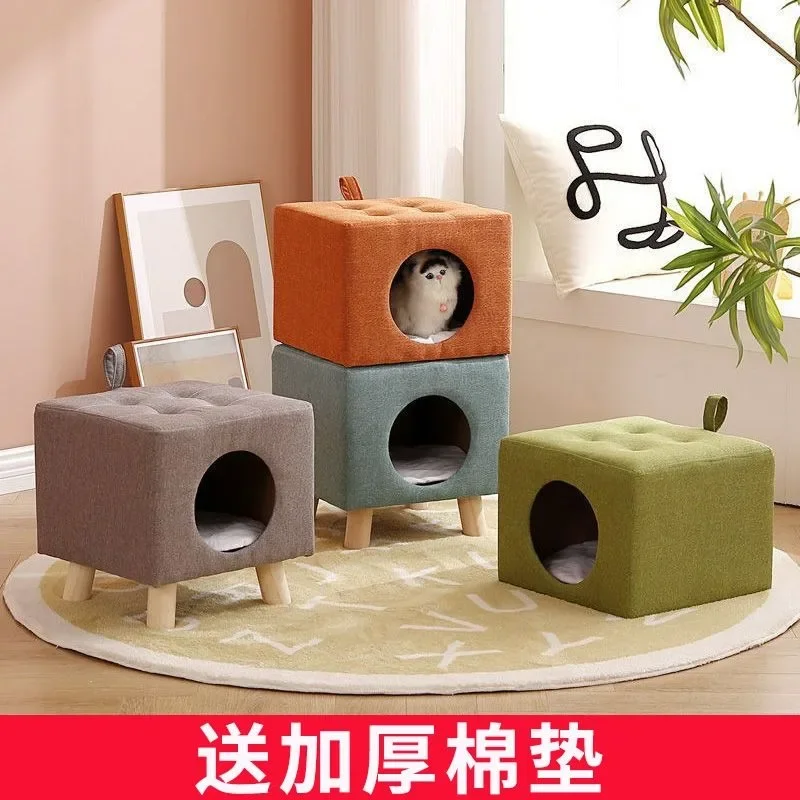 

Solid Wood Ottomans Stools Cat Nest Bench 4 Seasons General Cat House Warm Small Cats and Dogs Semi-enclosed Pet Bed Supplies