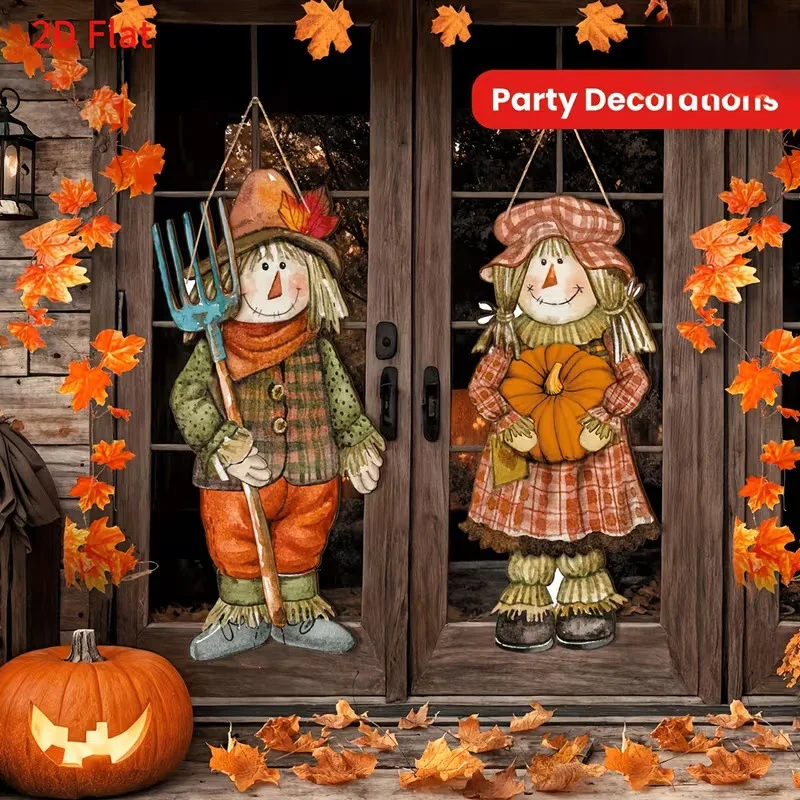 Thanksgiving Scarecrow Pair Wooden Hanging Decor - Autumn Harvest Festival Door/Wall Art Craft